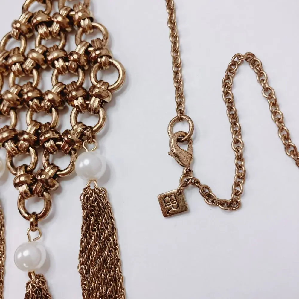 Signed Banana Republic VTG 1990s Gold Tone Pearl Tassel Pendant Necklace